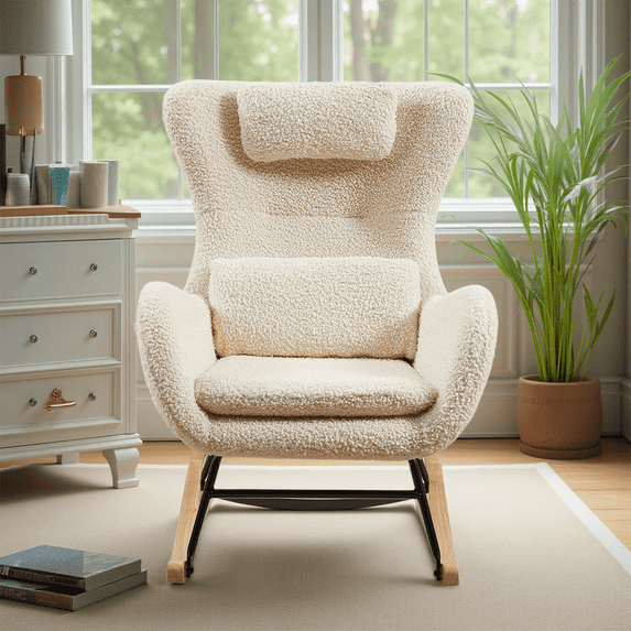 MAYEERTY Modern Teddy Nursery Rocking Chair with High Backrest for Living Room, Bedroom,Beige