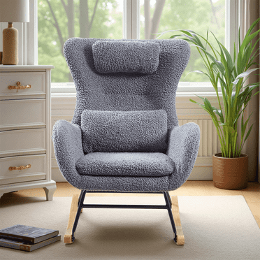 Dovelina Modern Teddy Nursery Rocking Chair with High Backrest for Living Room, Bedroom，Gray