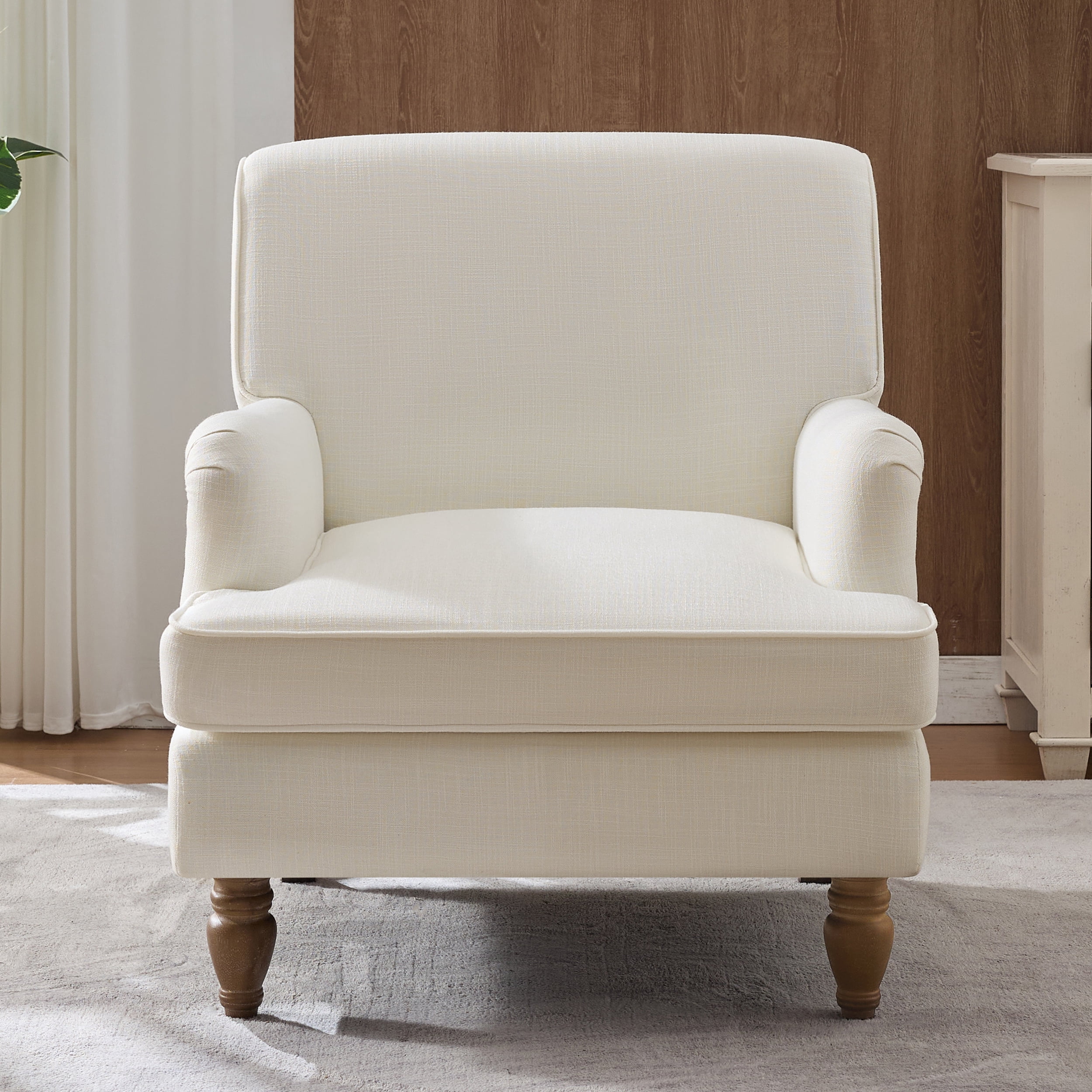 MAYEERTY Vintage Linen Upholstered Armchair - Antique Wood Legs, For Living Room/Bedroom, Cream