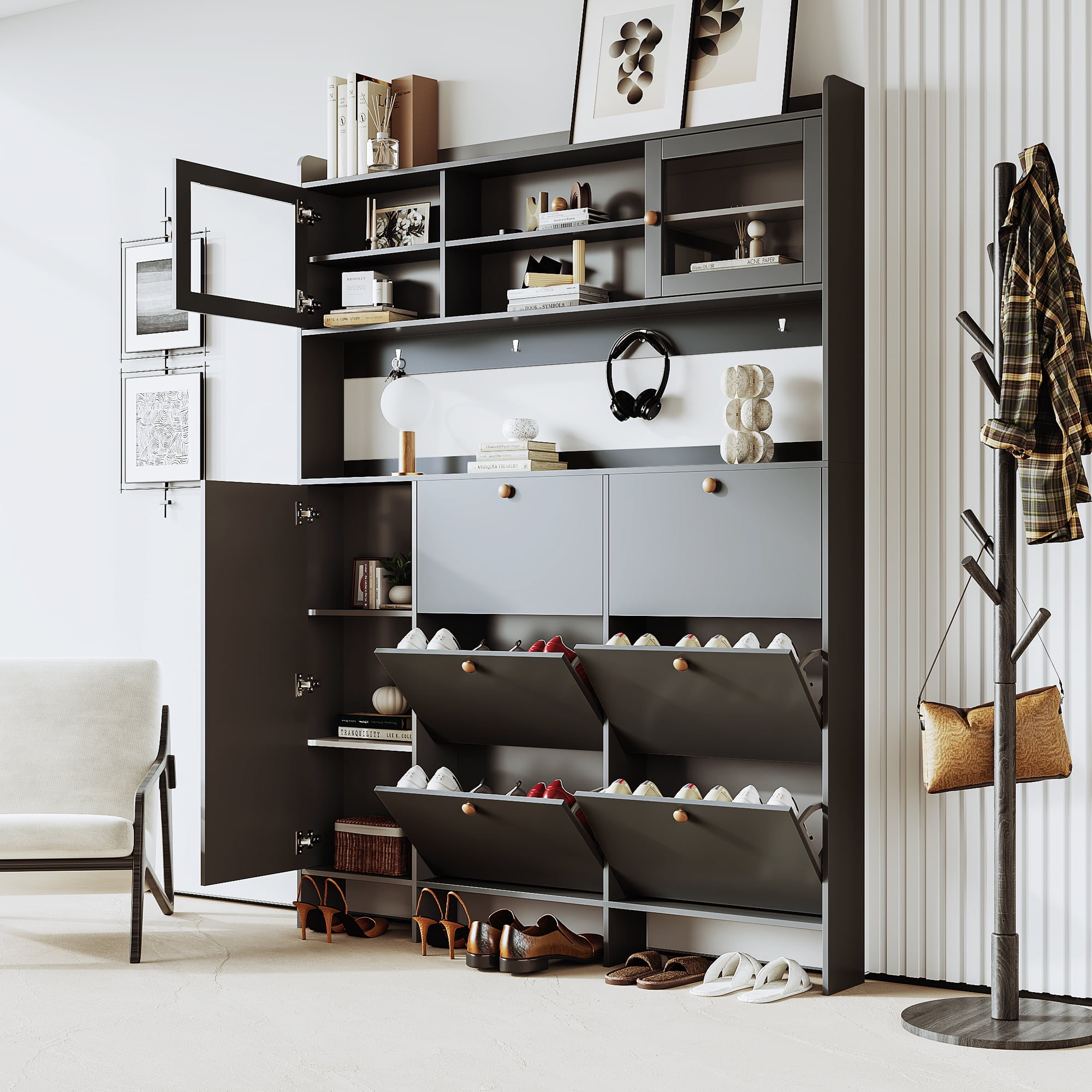 MAYEERTY Multifunctional Tipping Bucket Shoe Cabinet with Storage Shelf & 6 Flip Drawers, Large Hall Tree with Tempered Glass Doors, Foyer Cabinet
