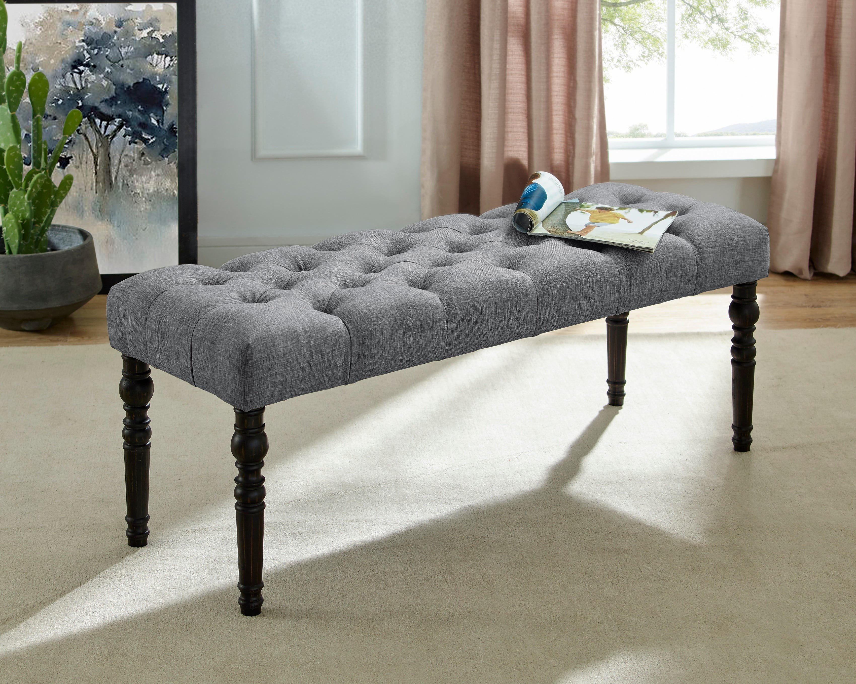 MAYEERTY Fabric Tufted Dining Bench with Turned Legs Gray