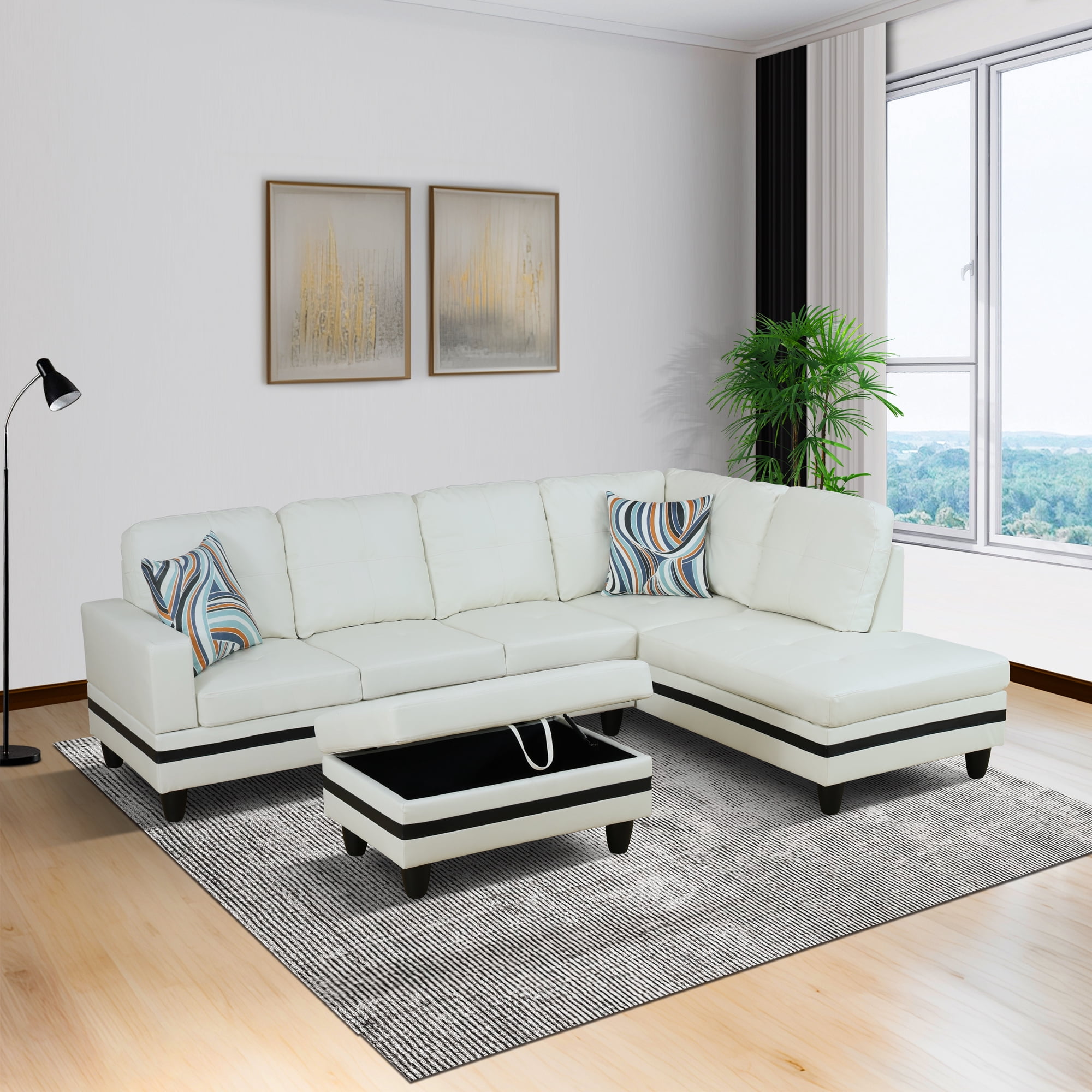 MAYEERTY White & Black 3-Piece PU Leather Couch Stylish Contrast Modern Living Room