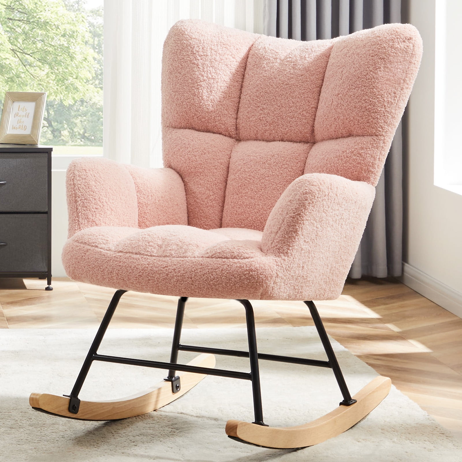 MAYEERTY Pink Nursery Rocking Chair Teddy, High Backrest, Comfortable Stylish with Padded Seat for Living Rooms, Bedrooms, Offices