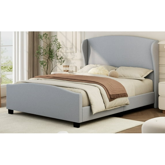 MAYEERTY Queen 51"H Wingback Linen Upholstered Bed No Box Spring Gray