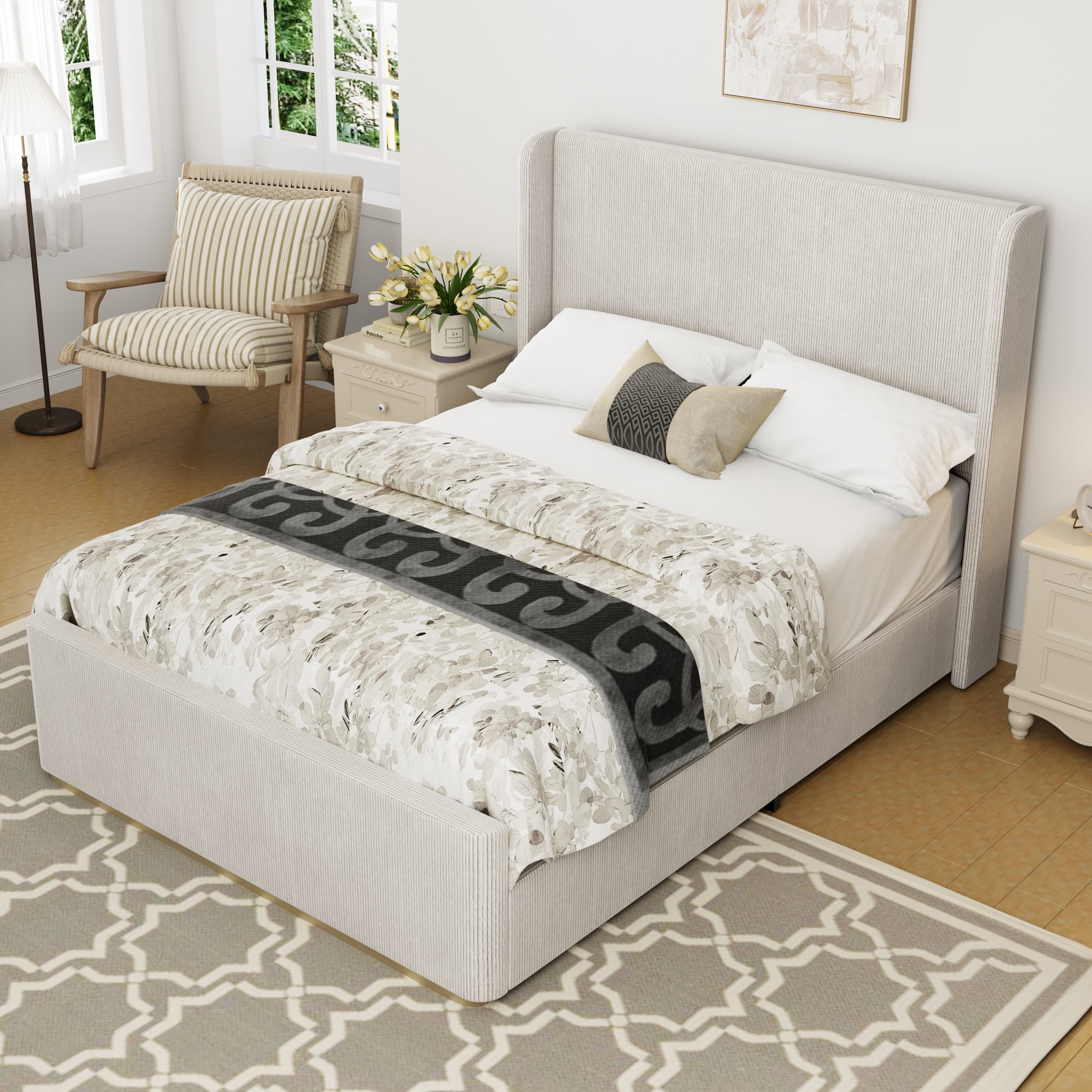 MAYEERTY Queen Corduroy Bed Frame Vertical Stripe Wingback Headboard for Bedroom Light Grey
