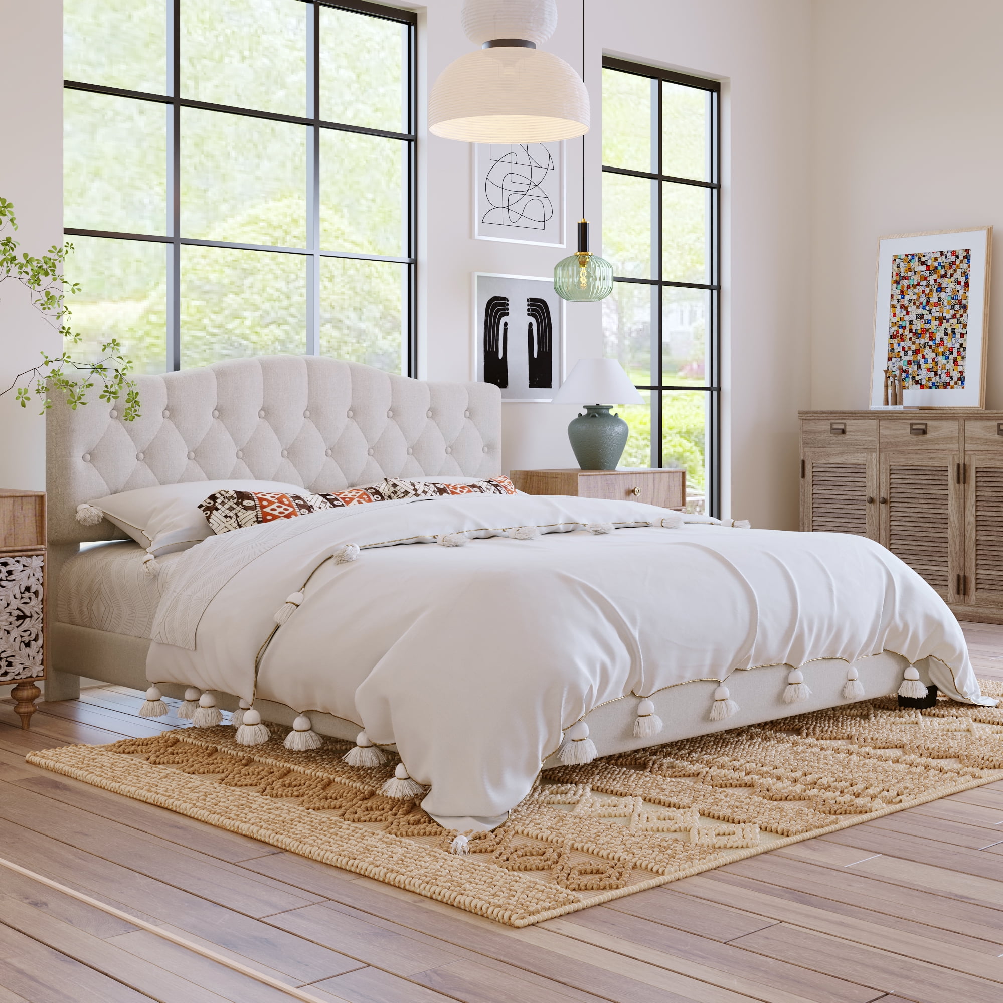 MAYEERTY King Upholstered Platform Bed Saddle Curved Headboard Diamond Tufted for Bedroom Beige