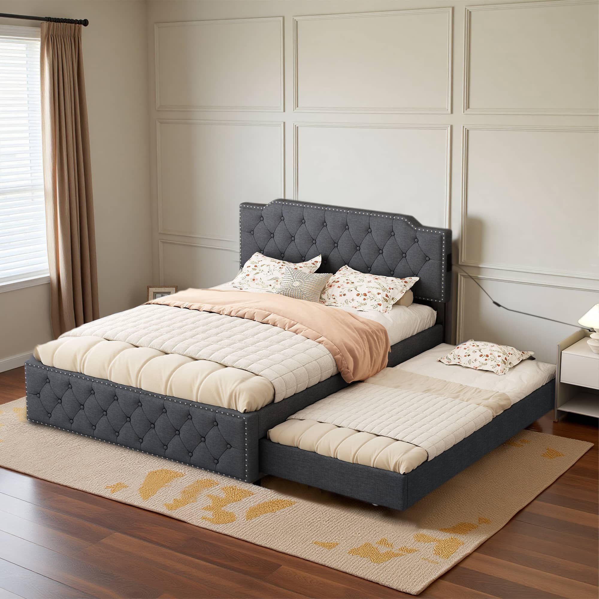 Dovelina Queen Size Upholstered Platform Bed for Adult with Trundle and — free download
