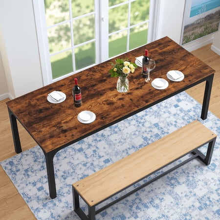 MAYEERTY 78.7" Industrial Rectangular Dining Table for 6-8 People, 25mm Thick Rustic Wood Grain MDF Top, Heavy-Duty Black Metal Frame Water & Scratch Resistant Multi-Purpose Conference Desk