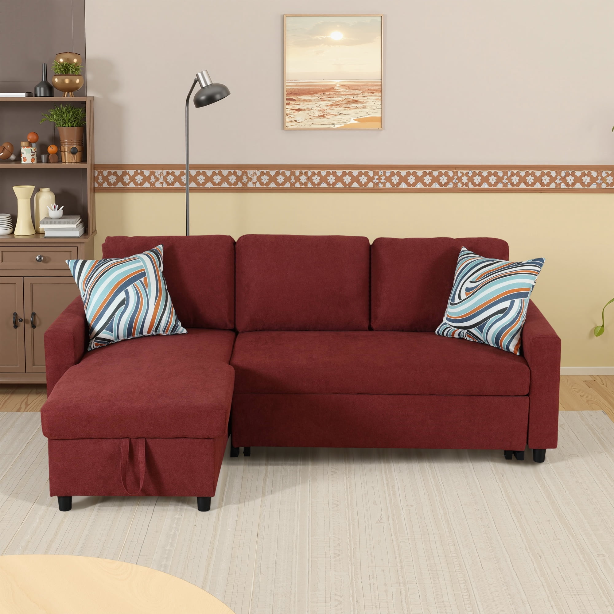MAYEERTY 83.6" Convertible Fluffy Fabric 2-Piece Couch Upholstered Loveseat with Plush Velvet Texture Sofa Bed，Red