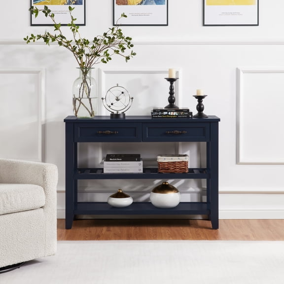 Dovelina Retro Console Table with 2 Open Shelves, Solid Pine Wood Frame, Navy Blue