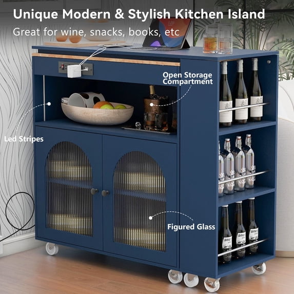 MAYEERTY Rolling Kitchen Island - With Extended Table, Navy