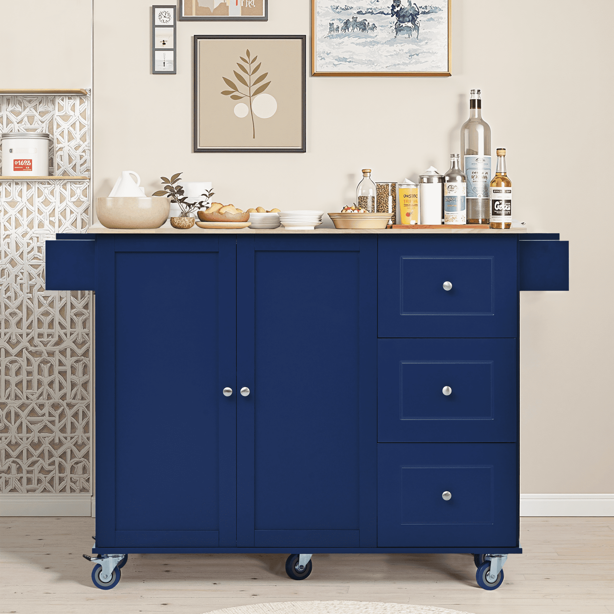 Dovelina Mobile Kitchen Island - Storage & Solid Wood Top