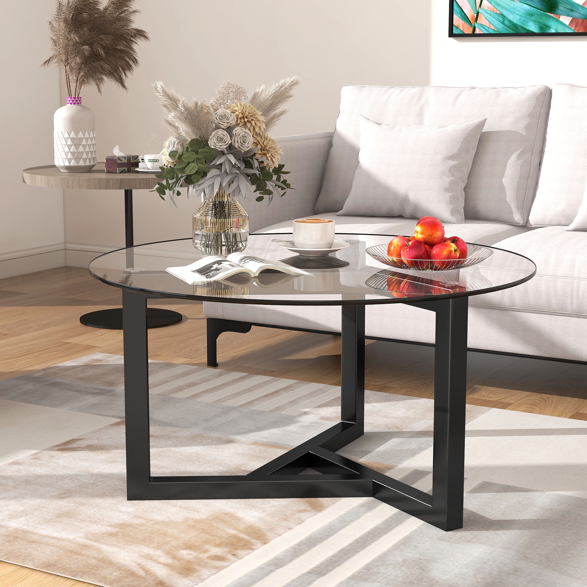 MAYEERTY Round Glass Coffee Table with Tempered Glass Top & Sturdy Wood Base, Easy Assembly Modern Cocktail Table, Black