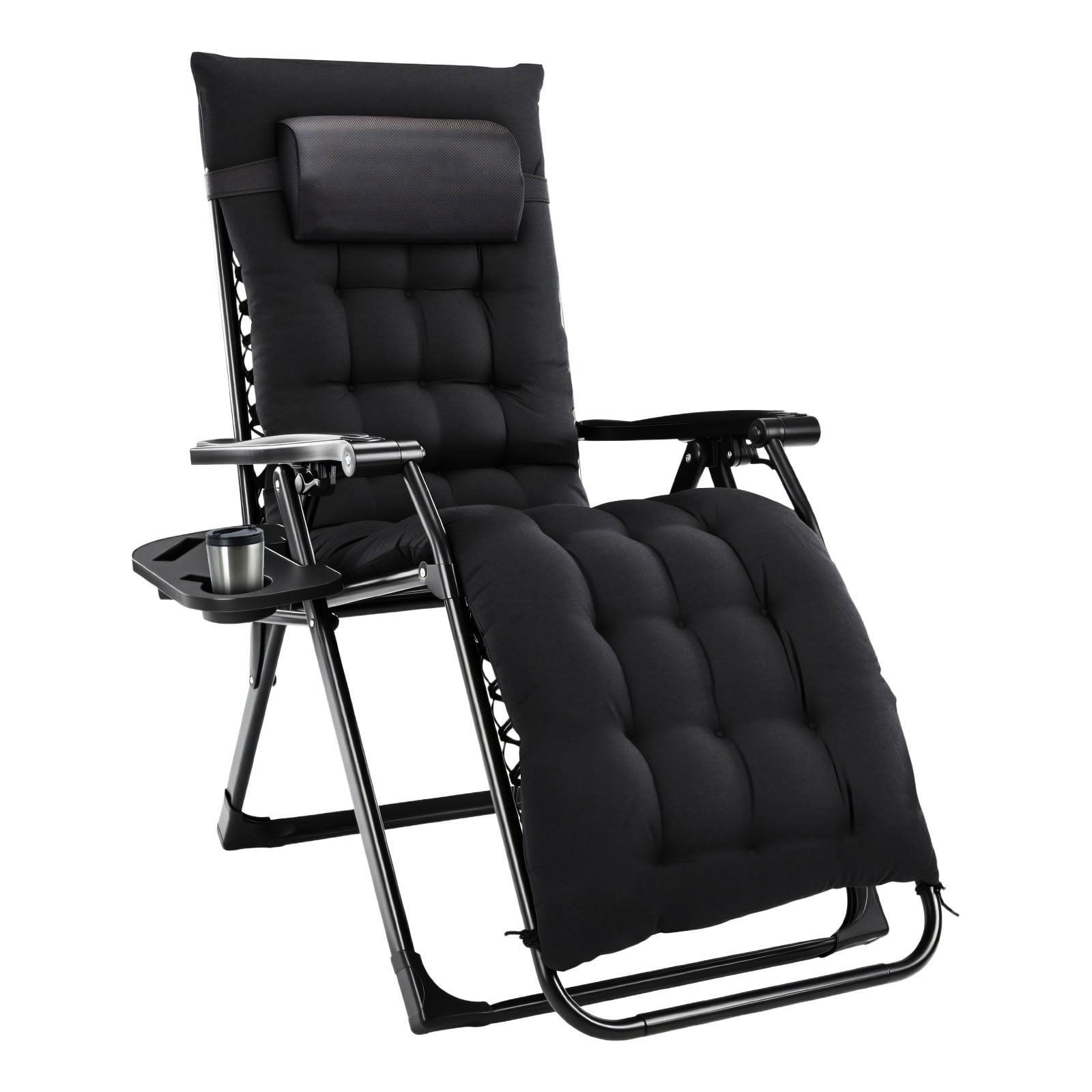 MAYEERTY Lockable Outdoor Zero Gravity Chair, Foldable Reclining Patio Lounge Chair with Removable Cushion & Cup Holder Tray, for Lawn Pool Beach Balcony