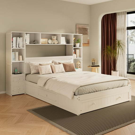 MAYEERTY Full Pine Wood Platform Bed 2 Nightstands Storage Bookcase Charging Stations 3 Drawers for Bedroom