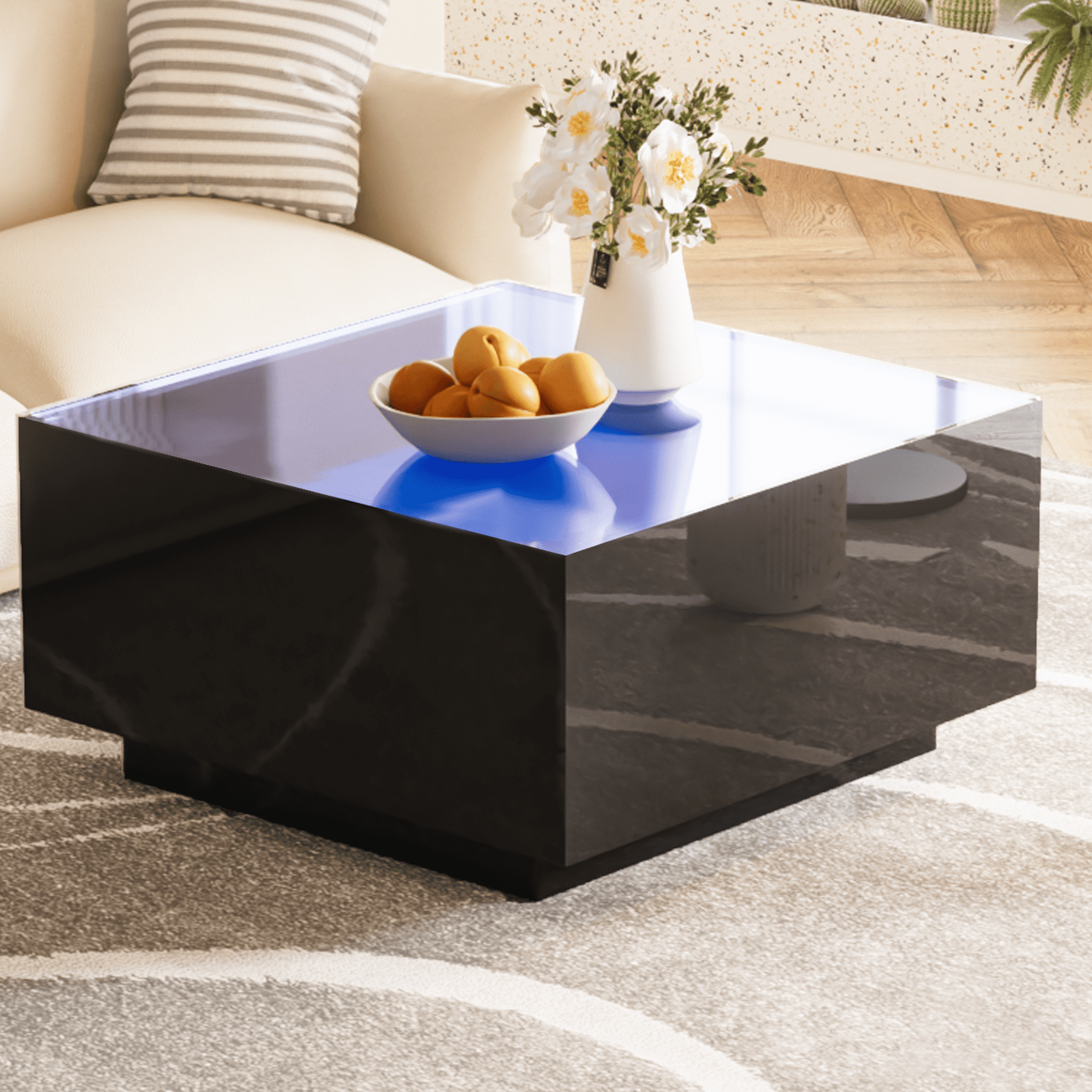 MAYEERTY Square High Glossy Coffee Table with 16-Color LED Strip Lights, Modern Center Table with 5mm Frosted Tempered Glass Top for Living Room, Black, 27.5*27.5in