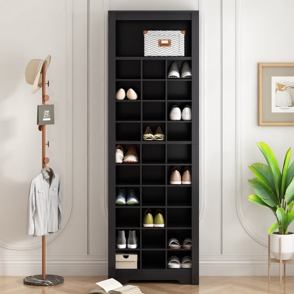 MAYEERTY Stylish Design 30 Shoe Cubby Console, Contemporary Shoe Cabinet with Multiple Storage Capacity, Free Standing Tall Cabinet with Versatile Use for Hallway, Bedroom, Black
