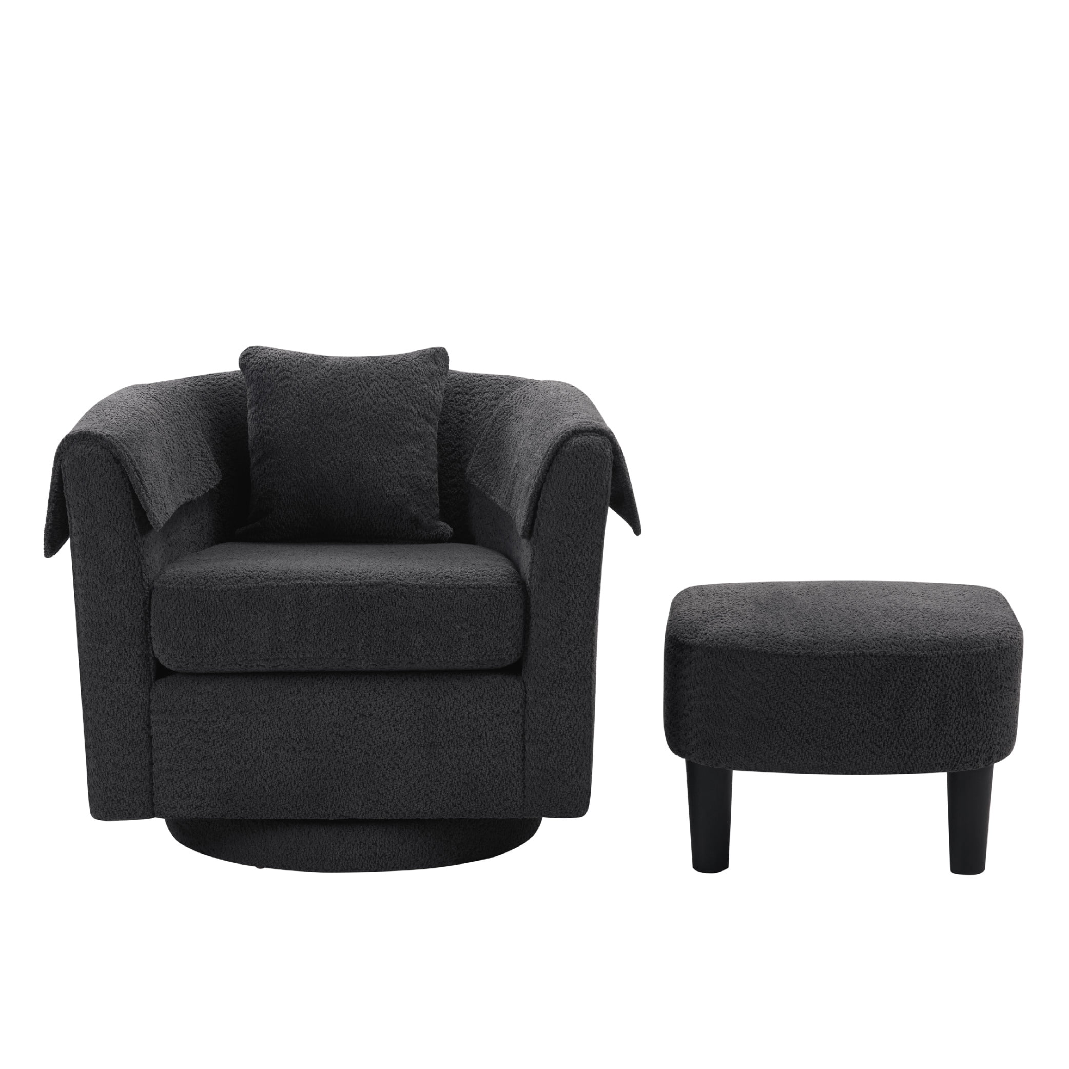 MAYEERTY Swivel Accent Chair with Ottoman, Chenille Barrel Chair for Living Room/Office, Black