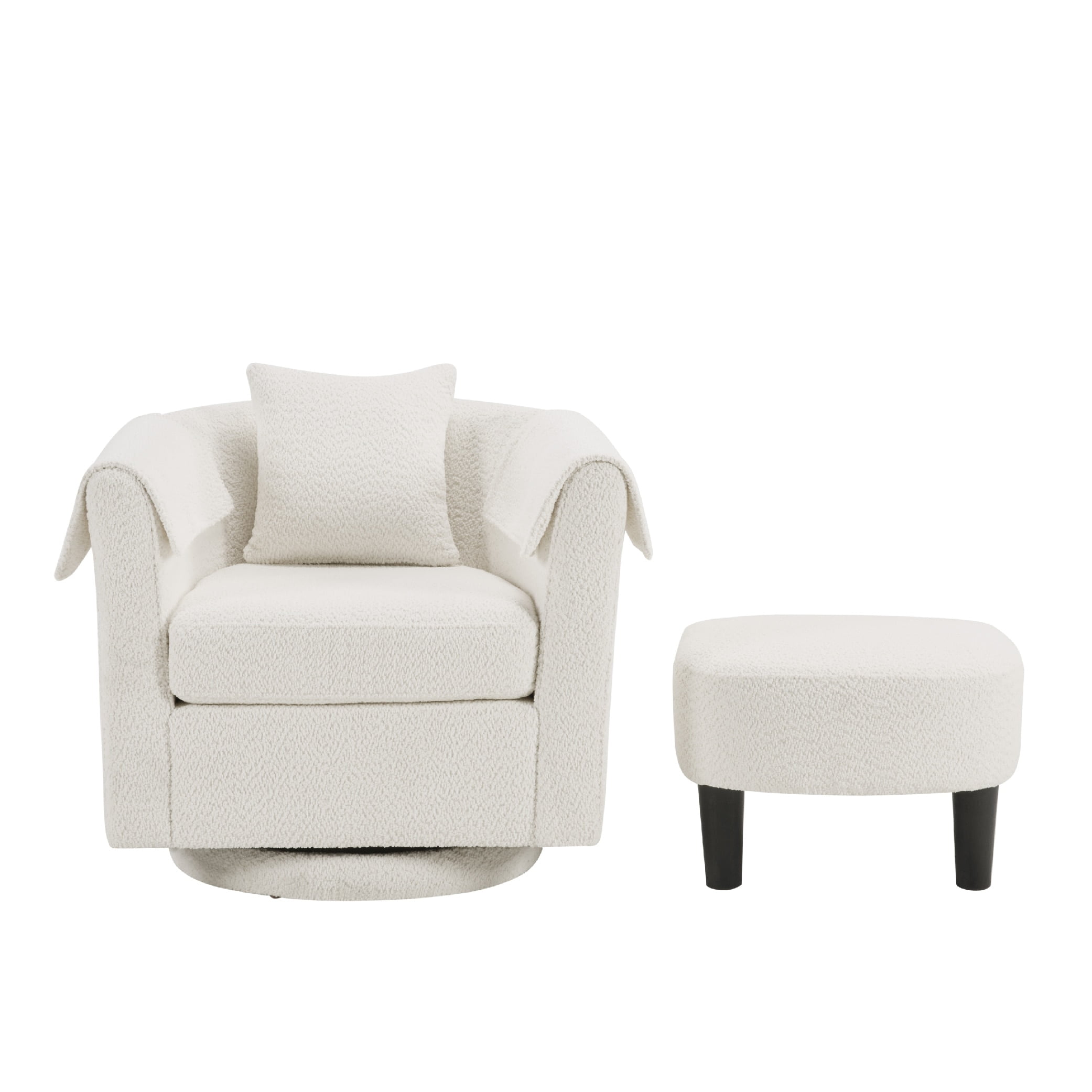 MAYEERTY Swivel Accent Chair with Ottoman, Chenille Barrel Chair for Living Room/Office, White