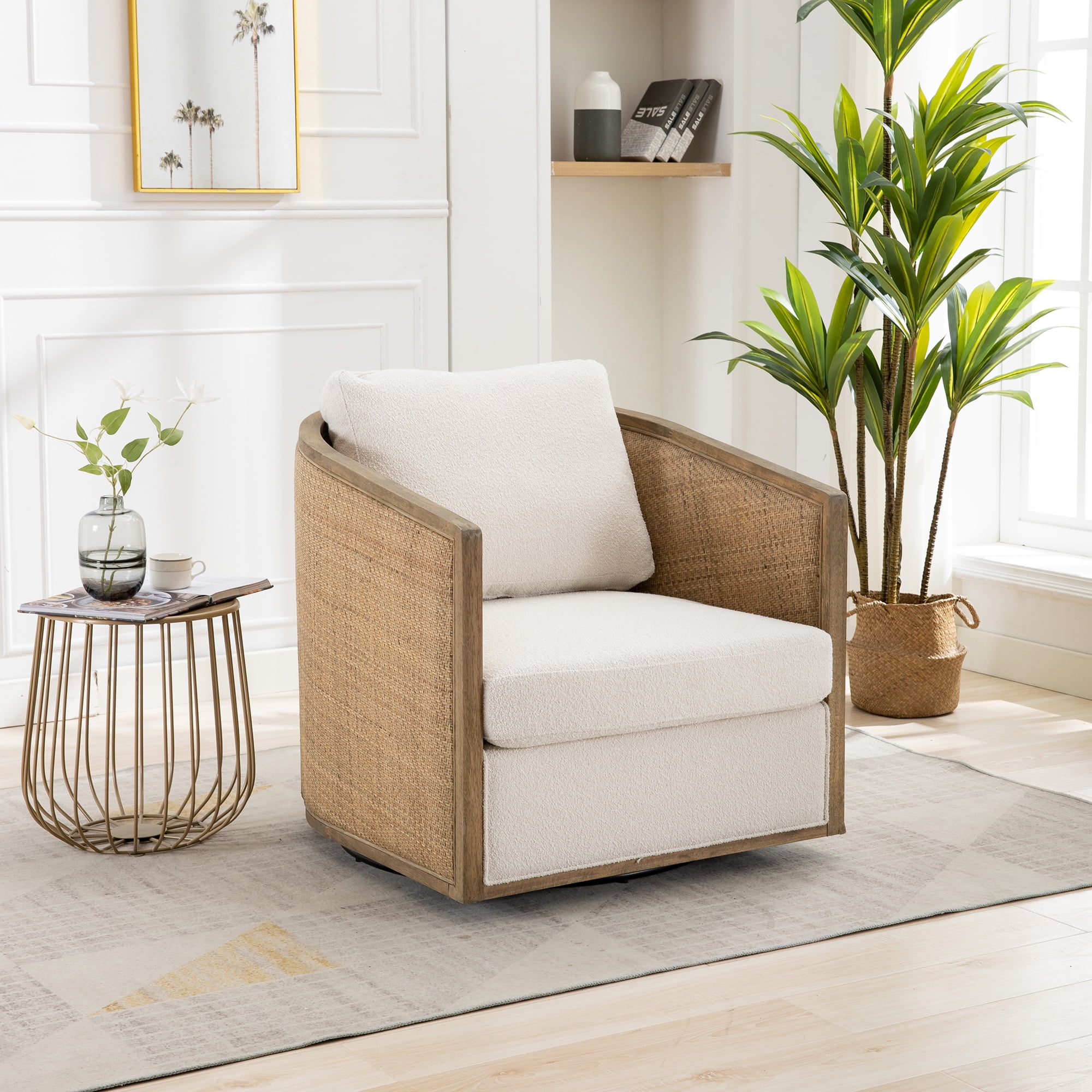 MAYEERTY Swivel Barrel Chair, Comfy Round Accent Sofa Chair for Living Room, 360 Degree Swivel Leisure Arm Chair for Nursery (Beige Boucle)