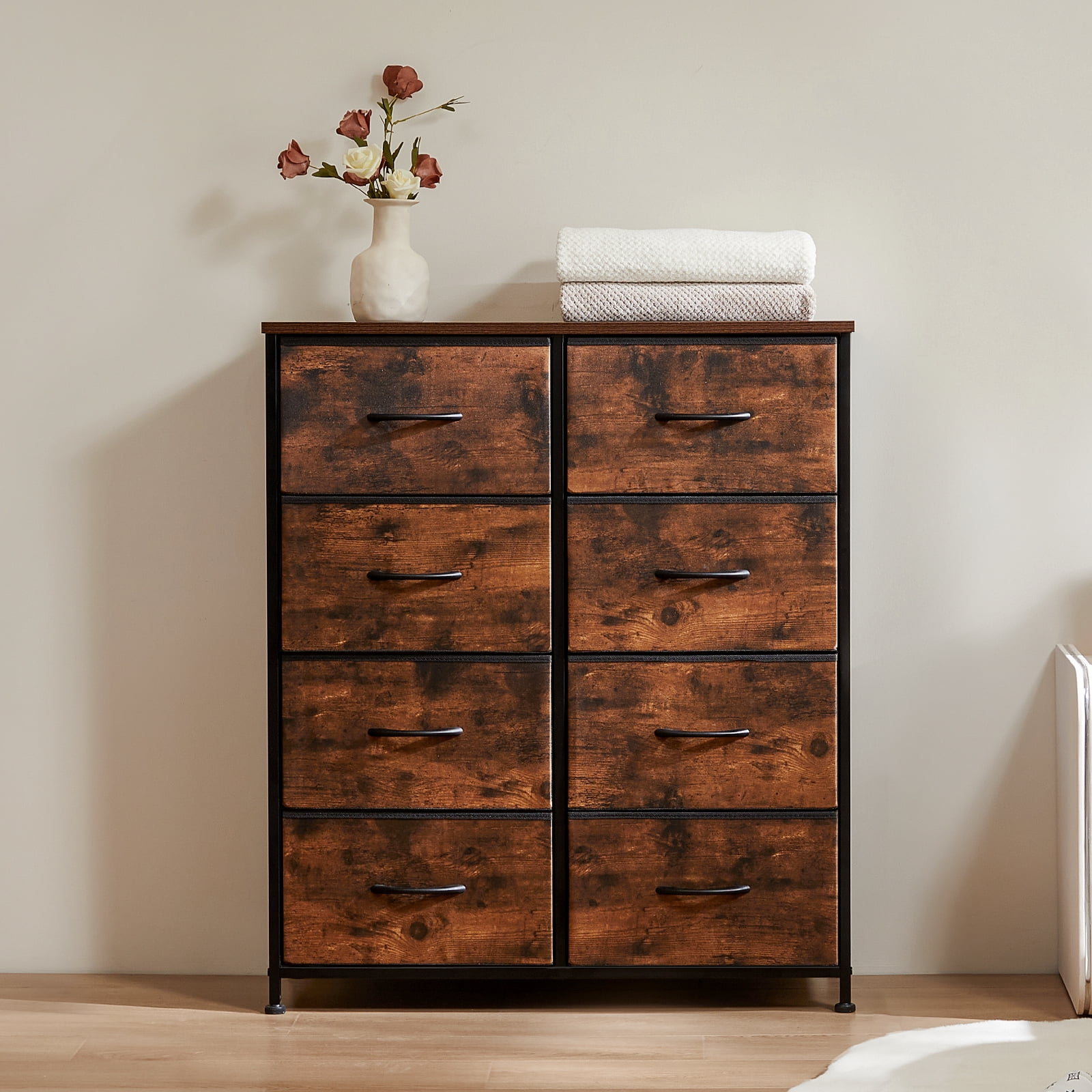 MAYEERTY Tall 8 Drawer, Fabric Storage Tower-Organizer Unit for Bedroom, Living Room, Rustic Brown