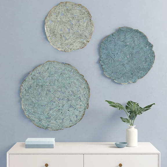 MAYEERTY Textured Feather 3-Piece Metal Disc Wall Decor Set