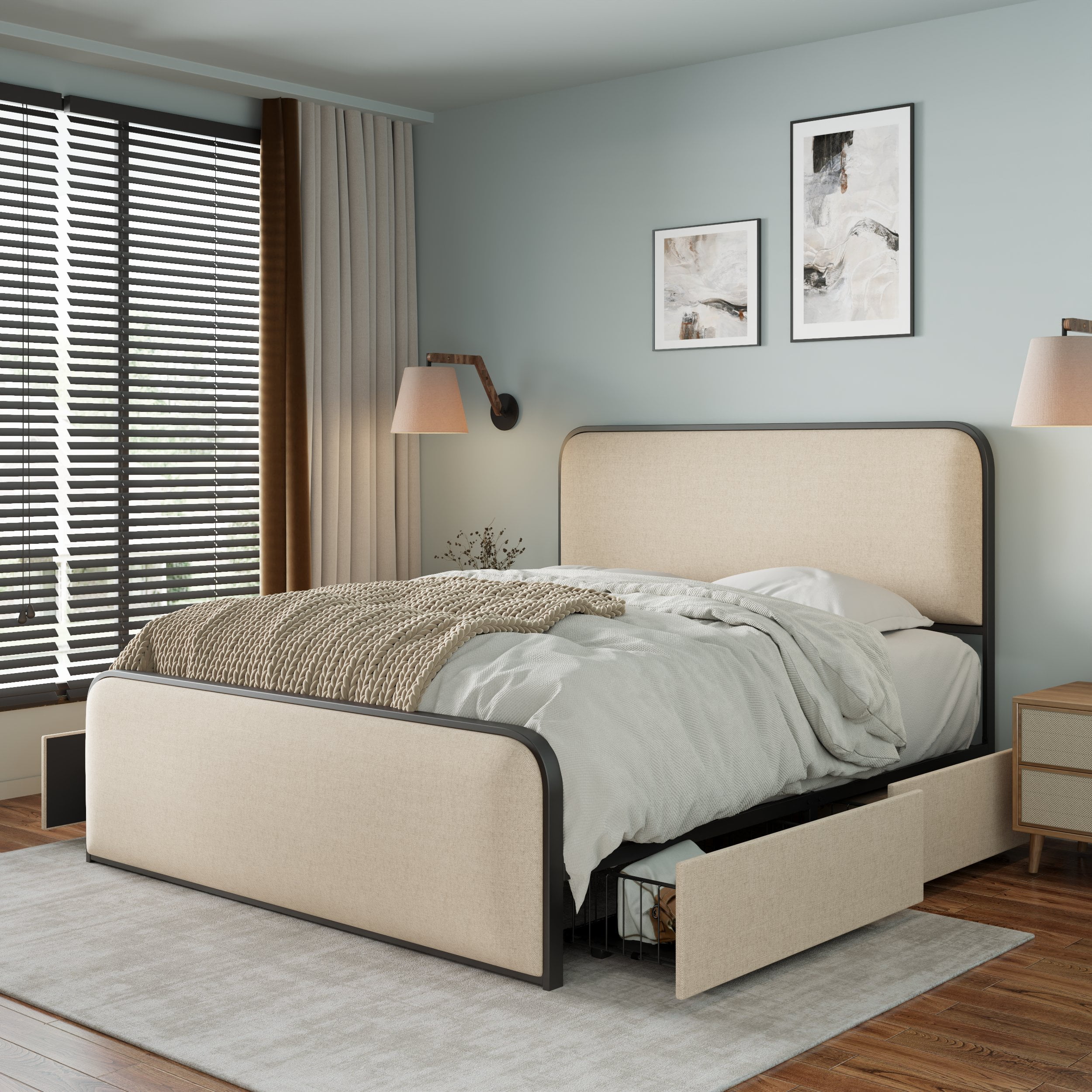 MAYEERTY King Metal Bed Frame Curved Upholstered Headboard 4 Drawers for Bedroom Beige
