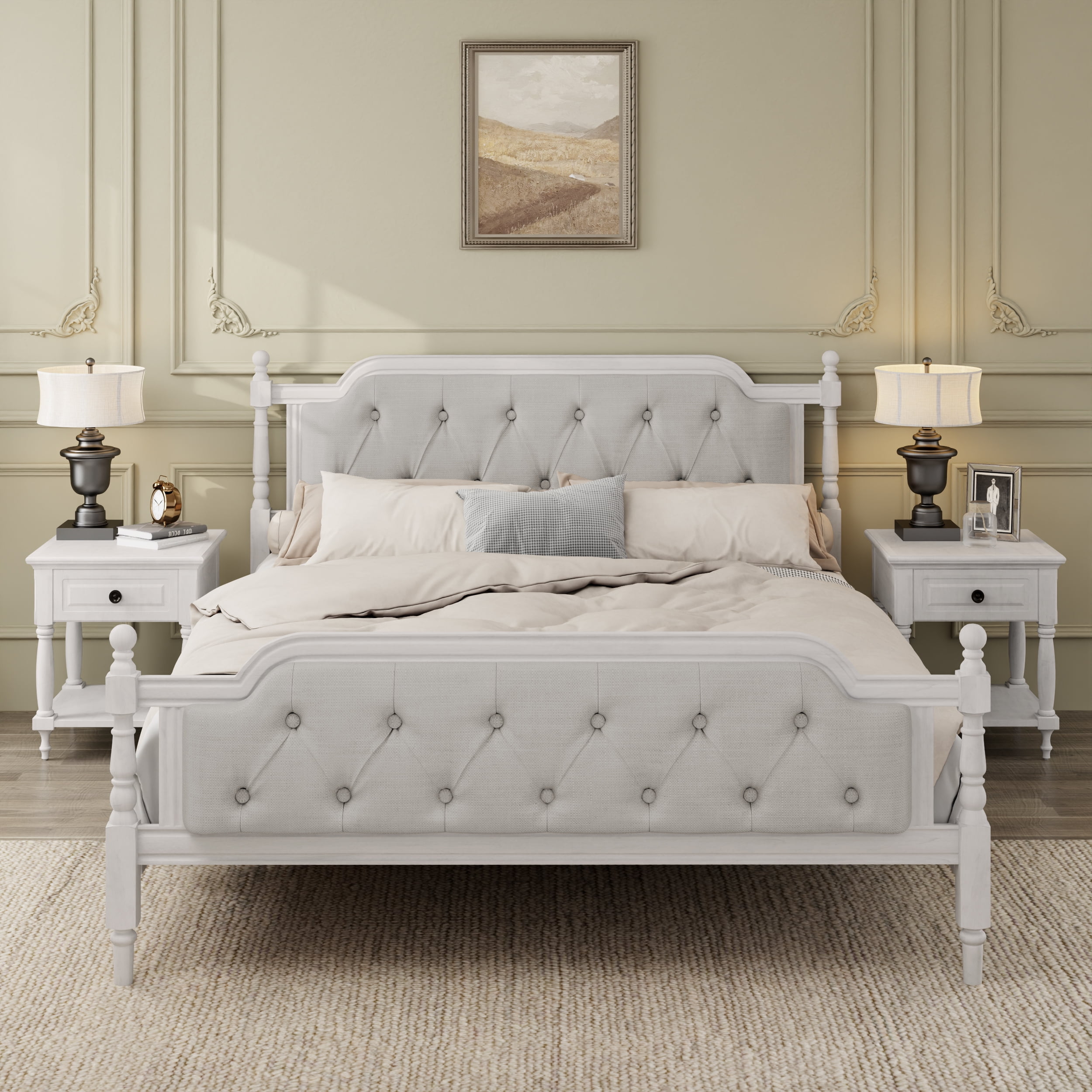 MAYEERTY King Traditional Solid Wood Bed Frame Upholstered Tufted Headboard for Bedroom Antique White