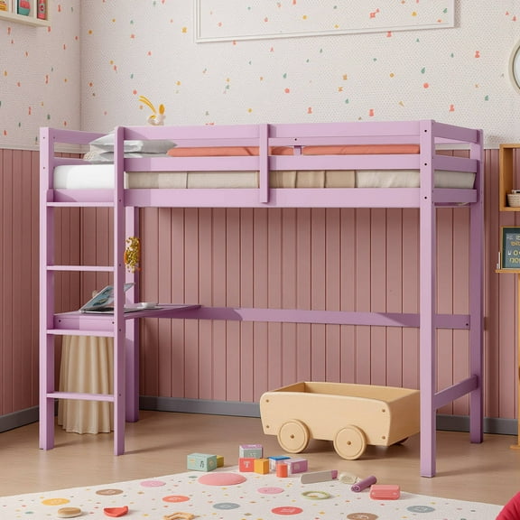 Dovelina Twin High Loft Bed, Rubber Wood Bed Frame with Guardrail, Built-in Desk, Pink