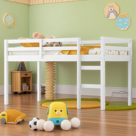 Dovelina Twin Loft Bed, with Ladder, Bed Platform of Strengthened Slats , White