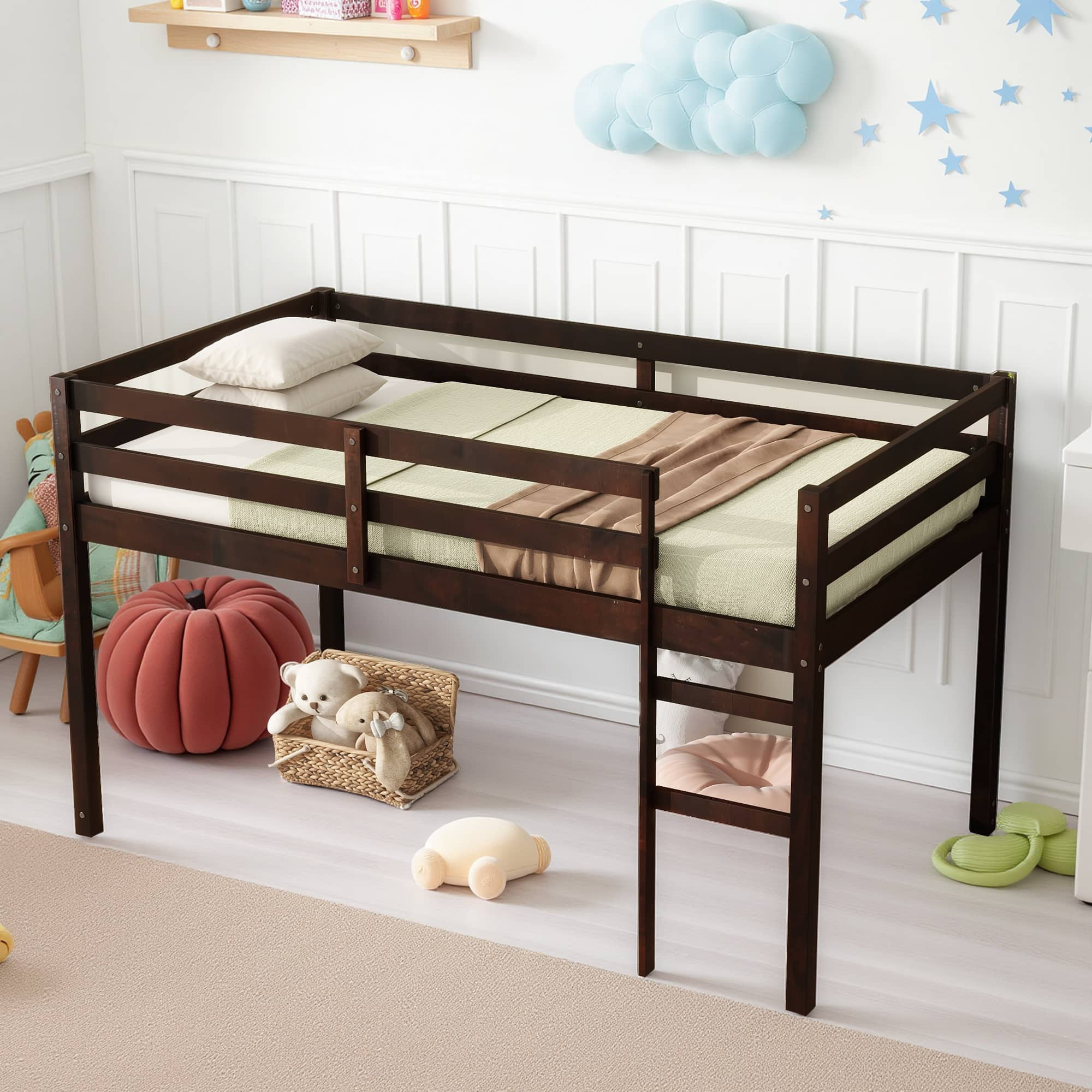 MAYEERTY Twin Loft Bed, with Ladder, Bed Platform of Strengthened Slats , Espresso