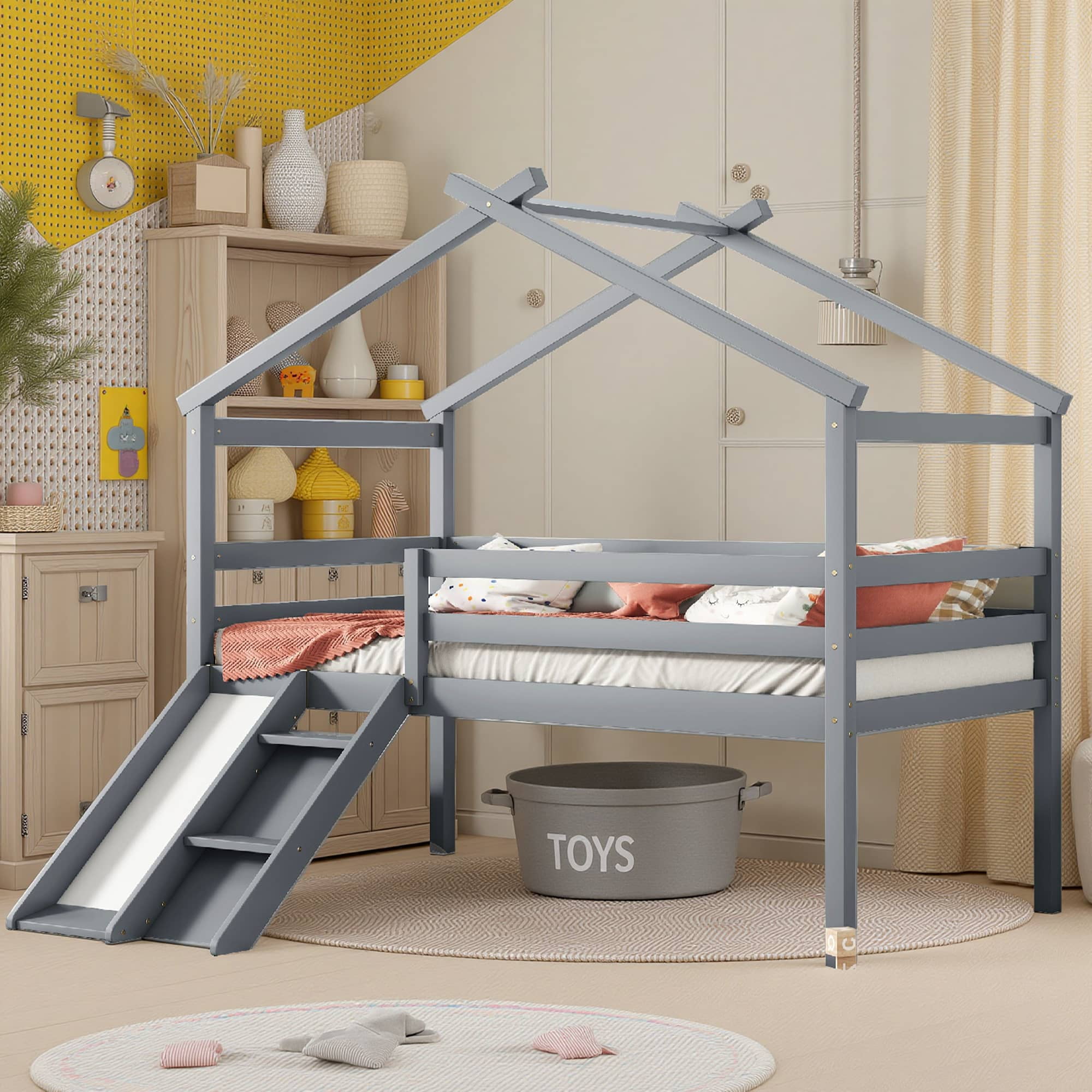 MAYEERTY Twin Loft Bed with Slide, Ladder, Safety Guardrails, House Roof Frame, Grey