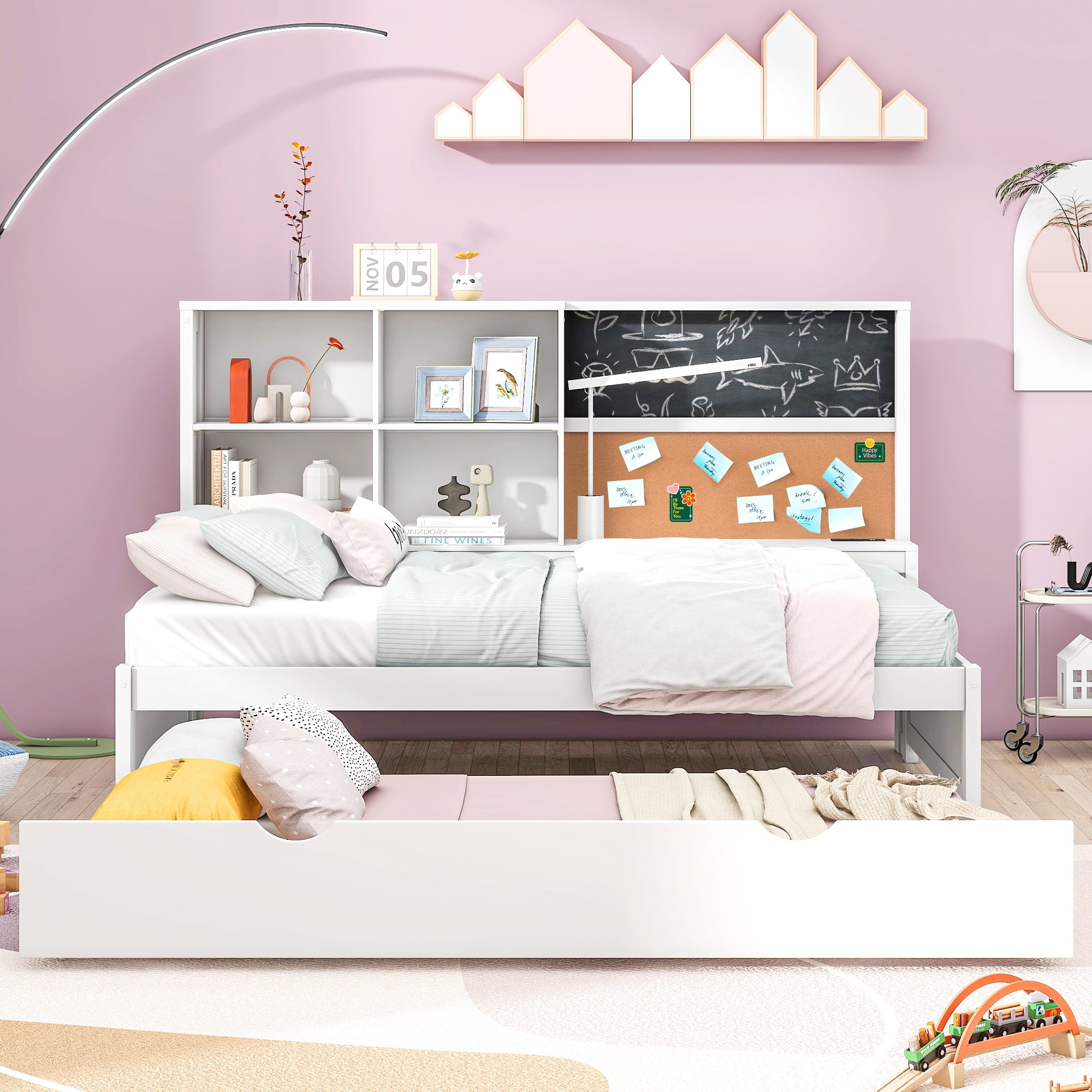 MAYEERTY Twin Size Daybed - Storage Shelves, Blackboard, Cork Board, USB Ports & Twin Trundle, White