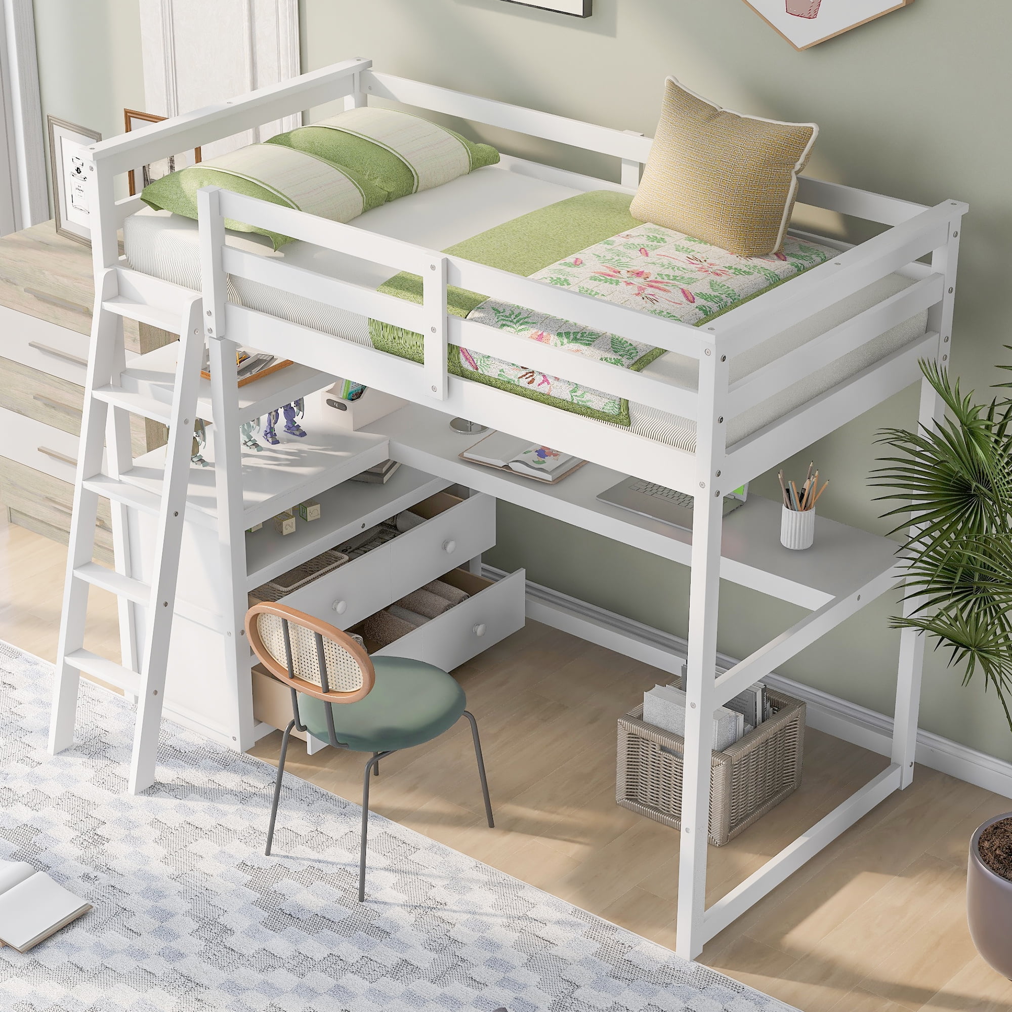 MAYEERTY Twin Size Loft Bed - Desk, Shelves & 2 Built-in Drawers, White