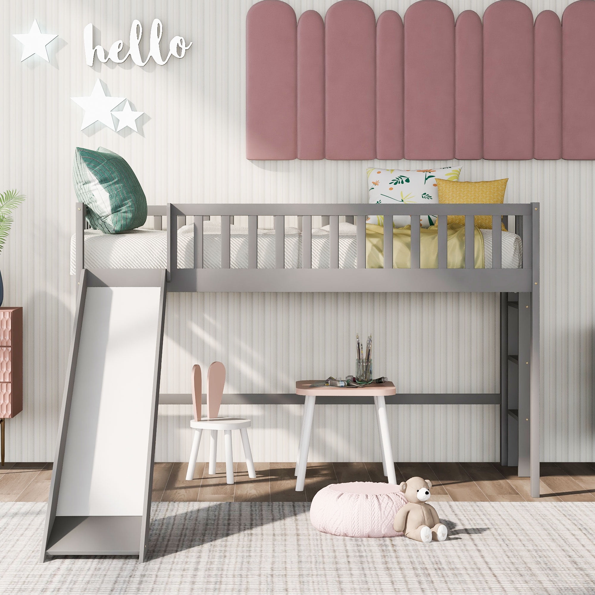 MAYEERTY Twin Size Low Loft Bed with Ladder and Slide, Gray