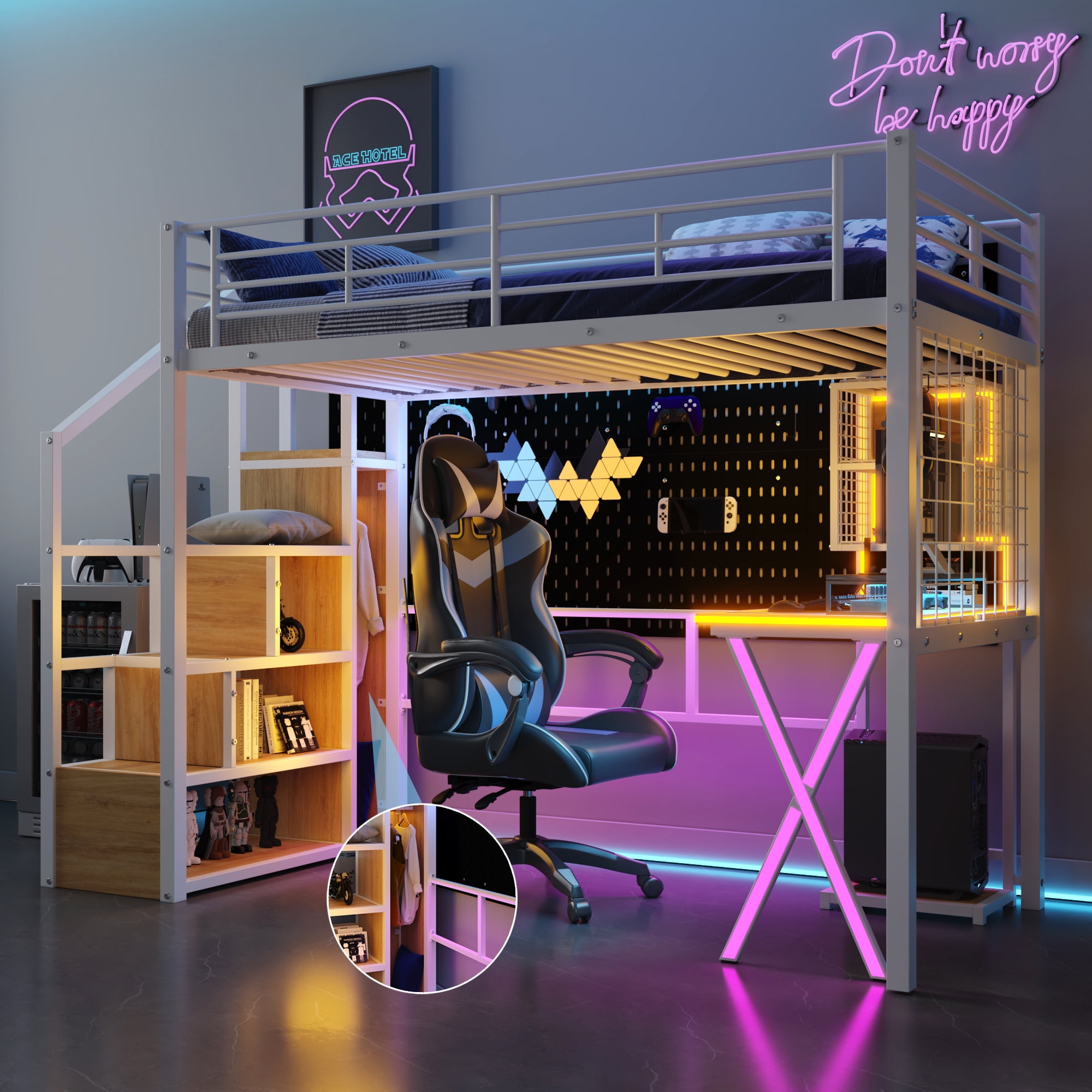 MAYEERTY Twin Size Metal Loft Bed - Built-in Work Station, Wardrobe, Storage Staircase & LED, White