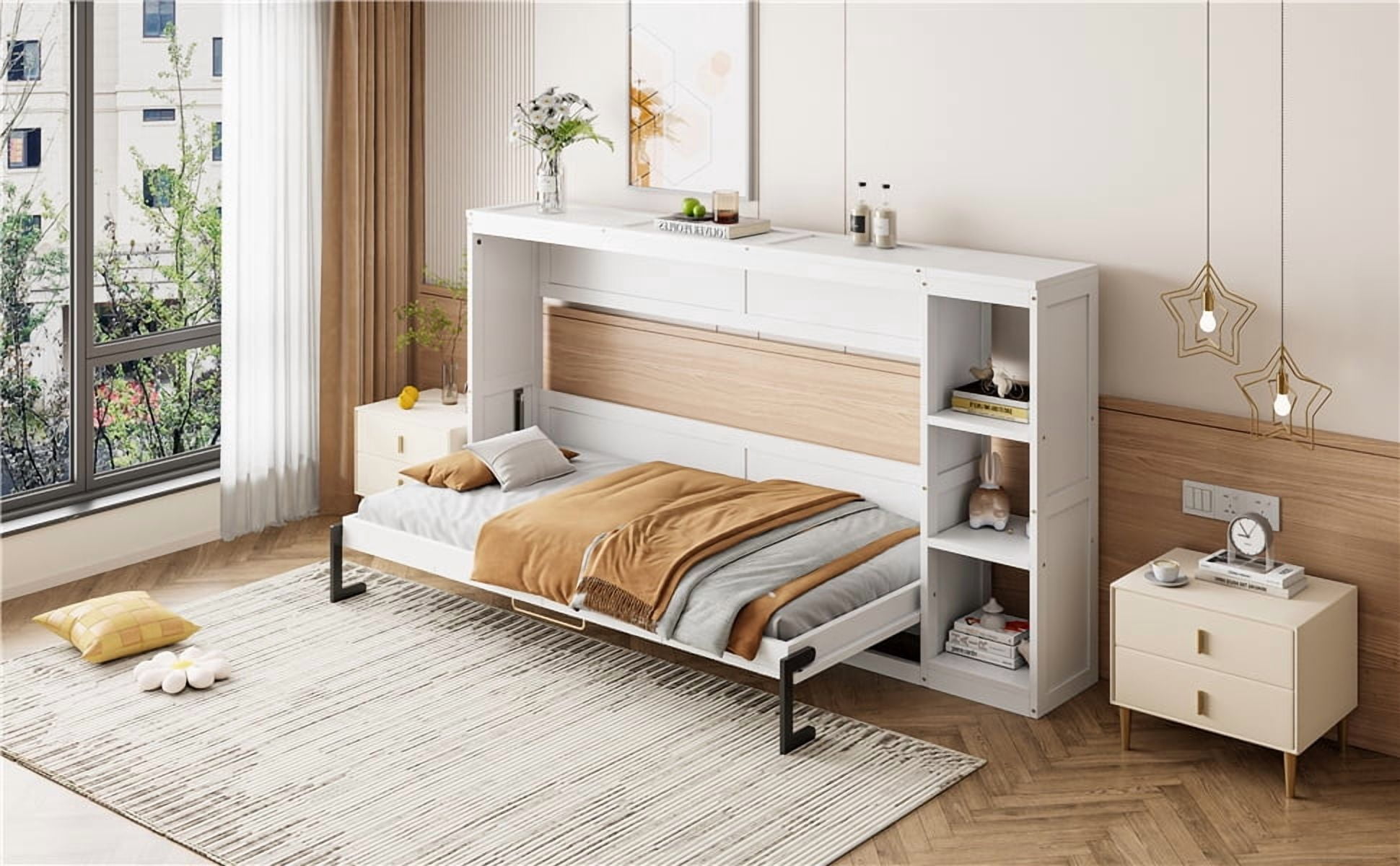 MAYEERTY Twin Size Murphy Bed - With Bookshelf, White