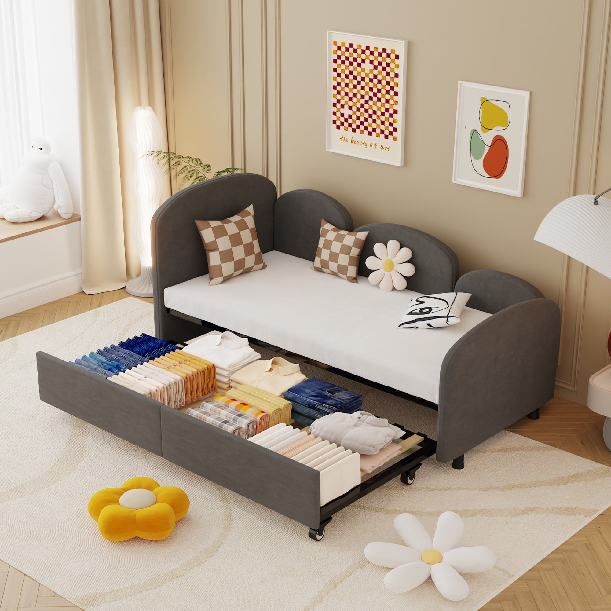MAYEERTY Velvet Upholstered Daybed, Modern Sofa Bed Daybed Frame Twin Size Bed frames With An Another Bed frame Beige