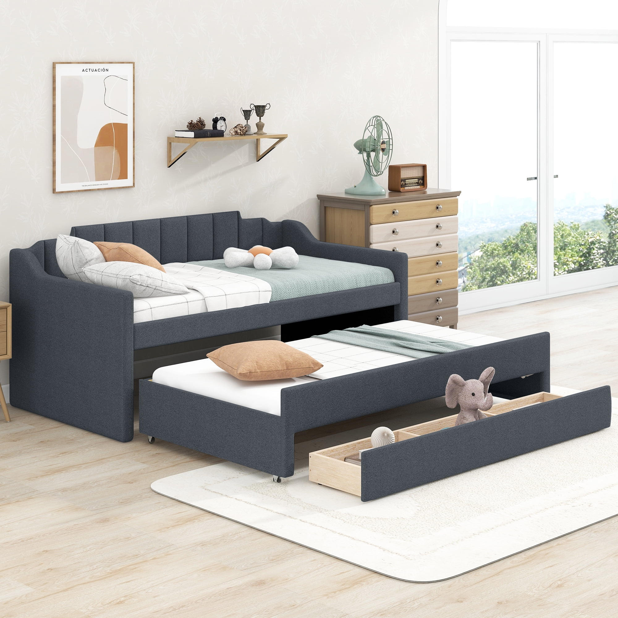 MAYEERTY Twin Size Upholstered Daybed with Trundle and Three Drawers,Grey