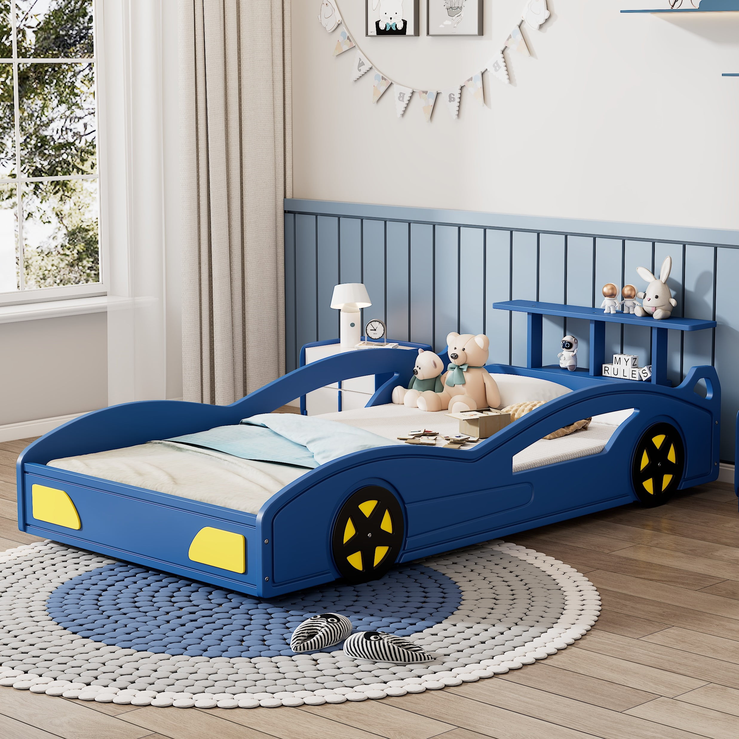 MAYEERTY Twin Wooden Race Car Bed with Wheels for Teens' Bedroom Blue & Yellow