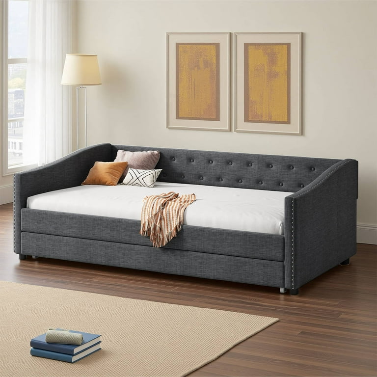 Dovelina Twin Size Upholstered Tufted Sofa Bed with Drawers Dark Grey Walmart