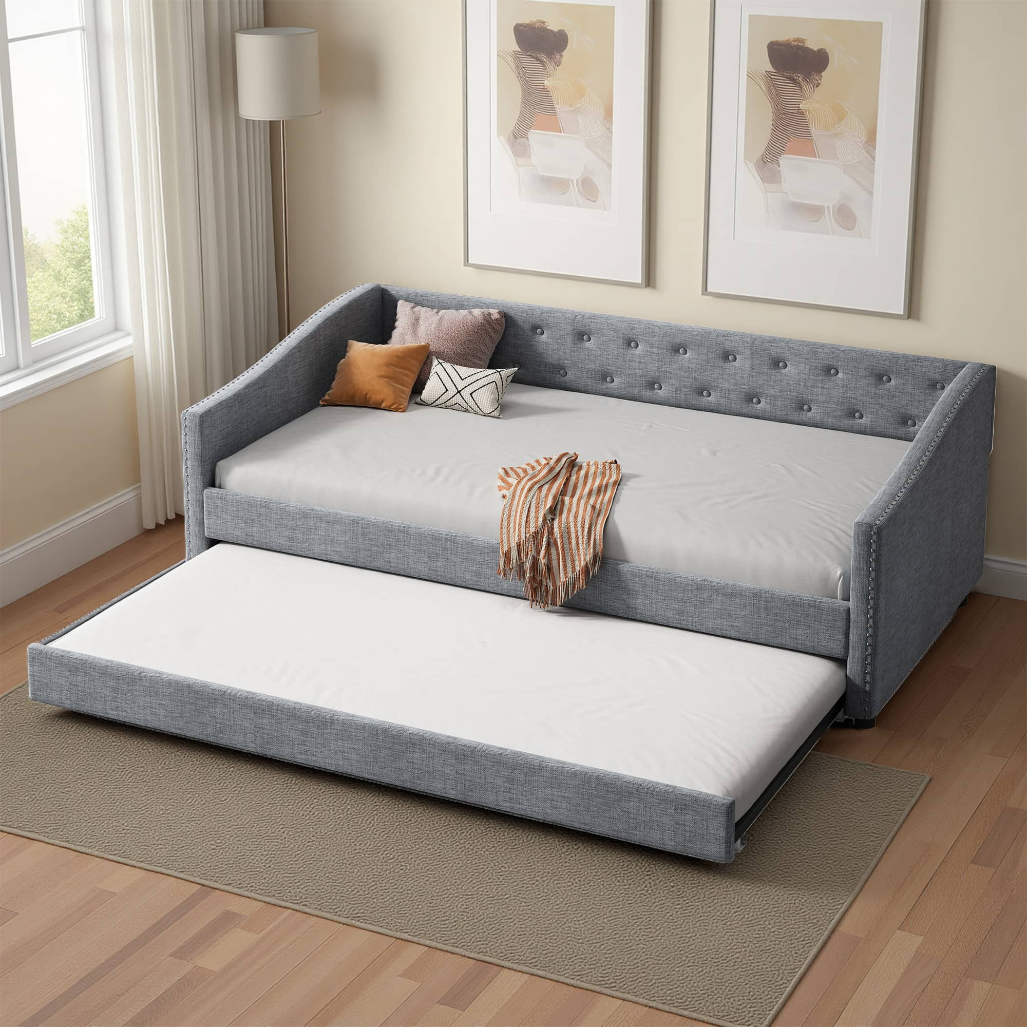 MAYEERTY Twin Size Upholstered Tufted Sofa Bed with Drawers, Light Grey