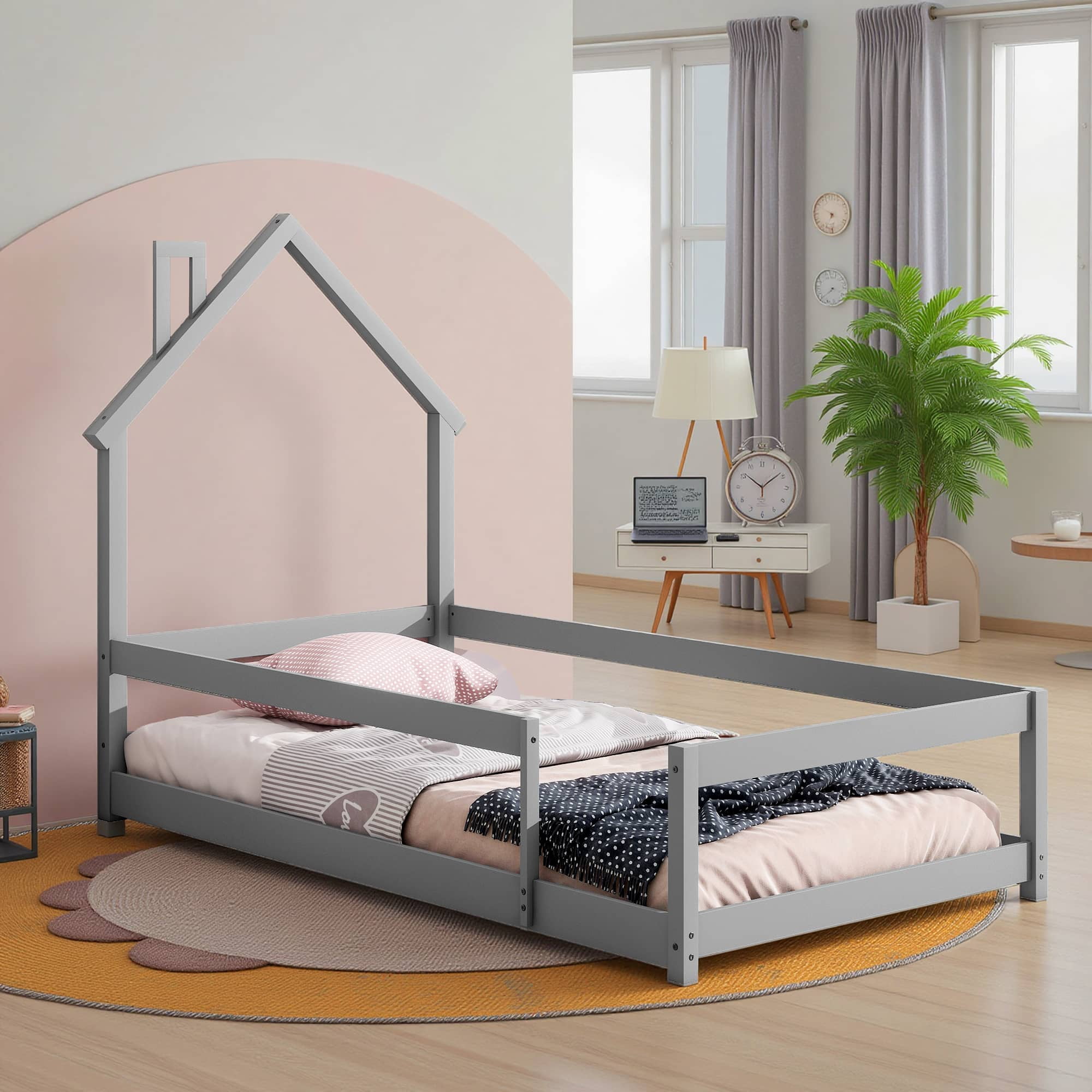 MAYEERTY Twin Size Wood Bed Frame with House-Shaped Headboard with Fences for Adult, Grey