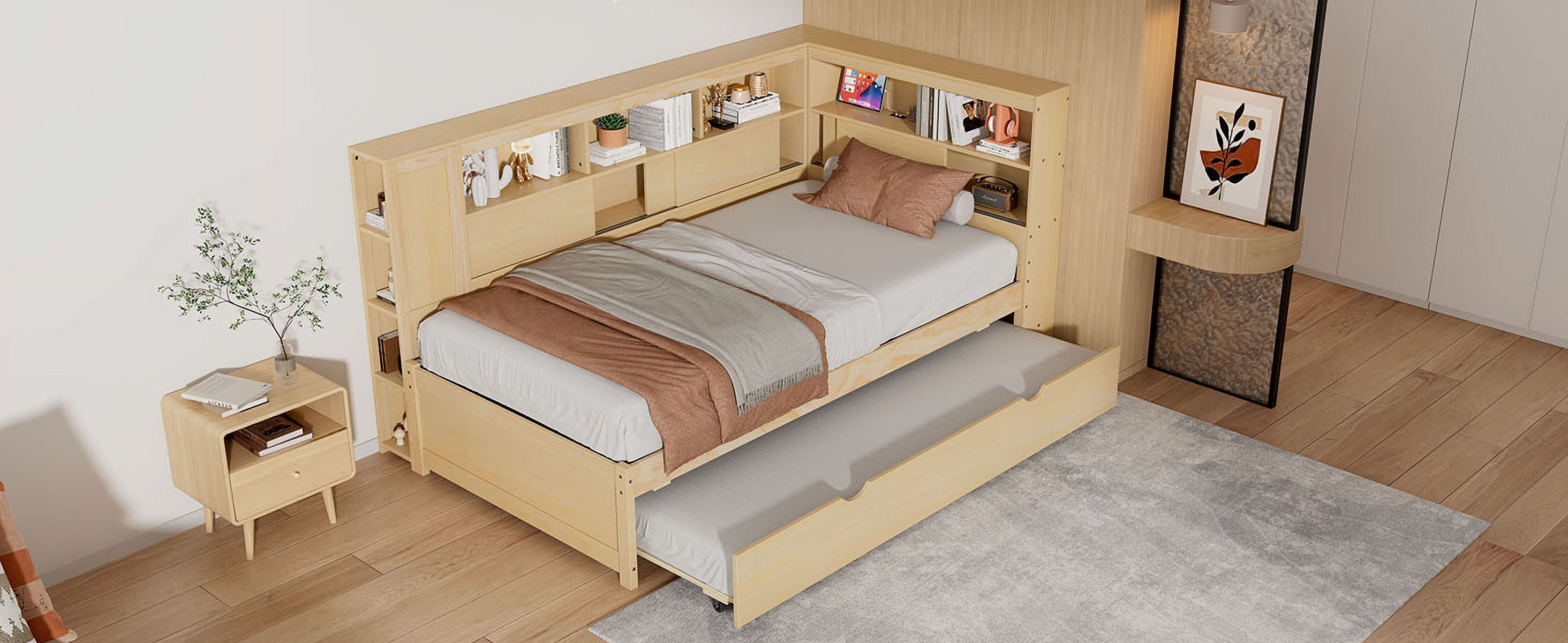 MAYEERTY Twin Size Wood Daybed with Storage Shelves, USB and Trundle, Natural