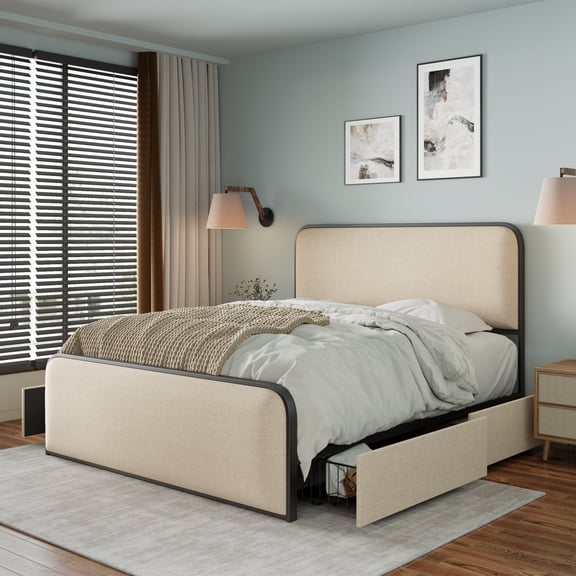 MAYEERTY King Metal Bed Frame Curved Upholstered Headboard 4 Drawers for Bedroom Beige