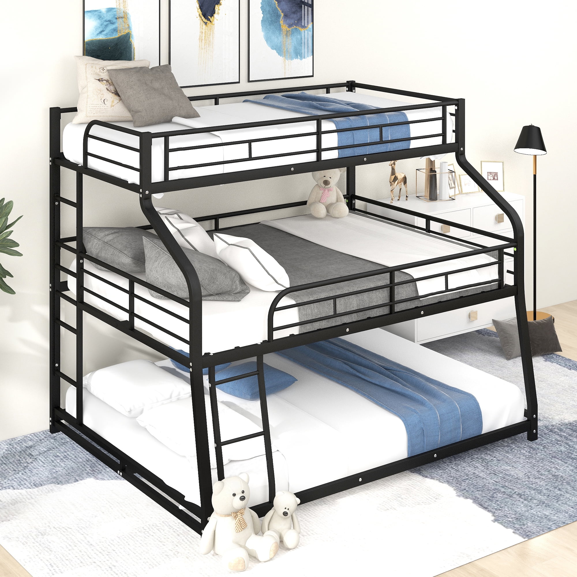 MAYEERTY Twin XL/Full XL/Queen Triple Bunk Bed with Long and Short Ladder and Full-Length Guardrails,Black