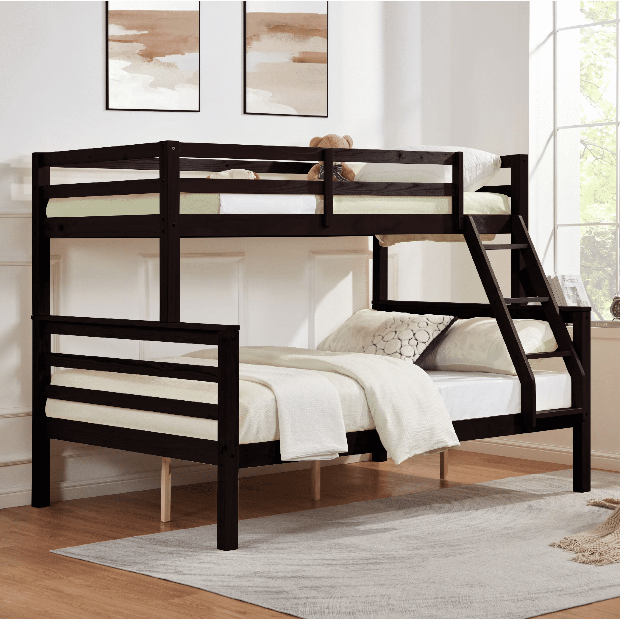 MAYEERTY Twin over Full Bunk Bed with Thick Posts, Wooden Bed Frame with High Guardrail and Ladder for Kids, No Box Spring Needed, Espresso