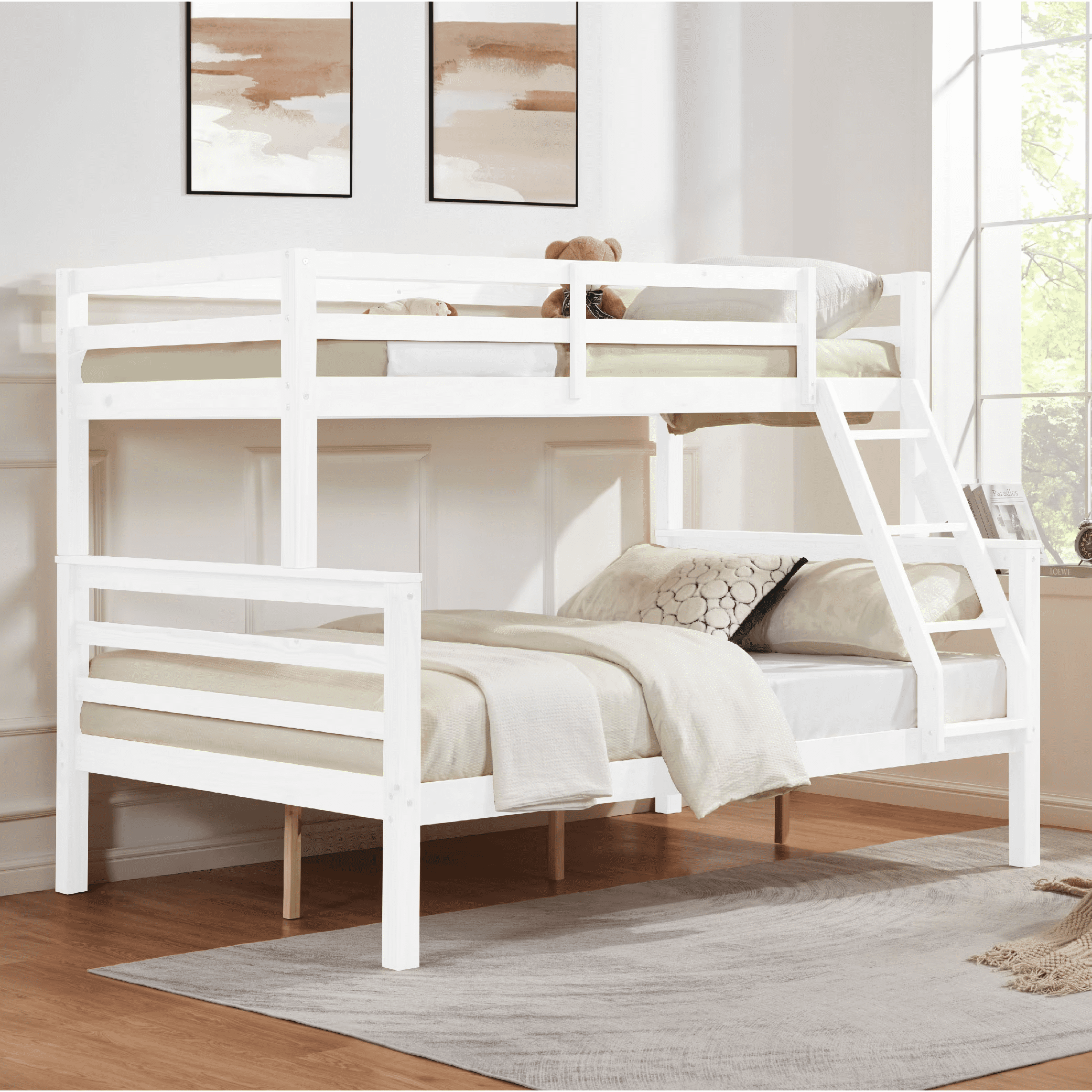 MAYEERTY Twin over Full Bunk Bed with Thick Posts, Wooden Bed Frame with High Guardrail and Ladder for Kids, No Box Spring Needed, White