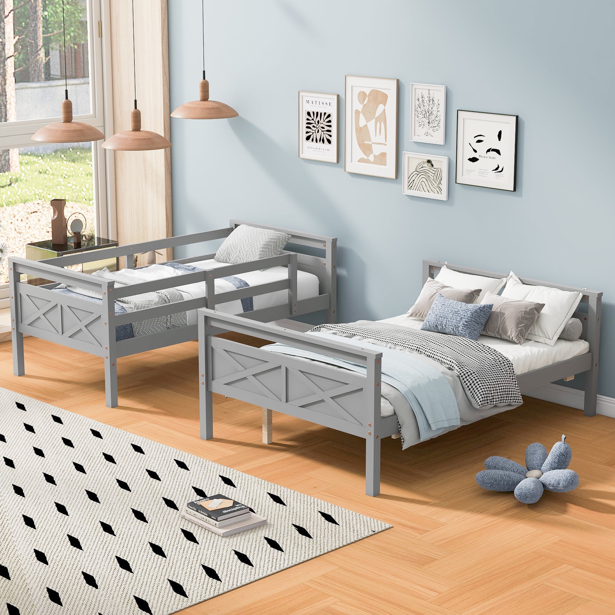 MAYEERTY Twin over Full Bunk Bed with ladder, Safety Guardrail, Perfect for Bedroom, Gray