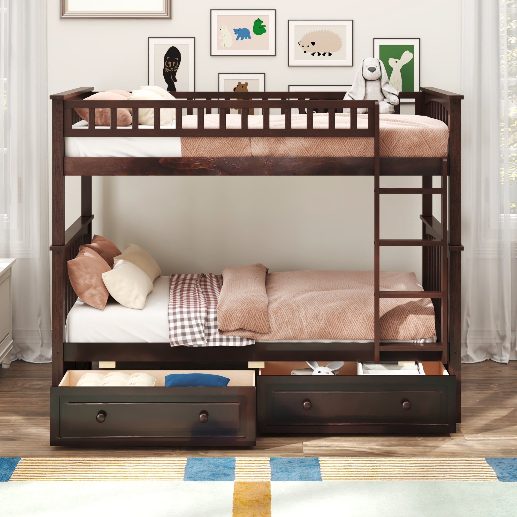 MAYEERTY Twin over Twin Bunk Bed with Drawers, Convertible Beds, Espresso